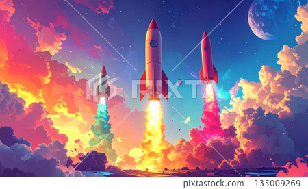 A powerful space shuttle launch propels a high-technology spaceship engine into the sky for a science exploration flight involving a satellite and astronaut travel A powerful space shuttle launch propels a high-technology spaceship engine into the sky for a science exploration flight involving a satellite and astronaut travel 135009269