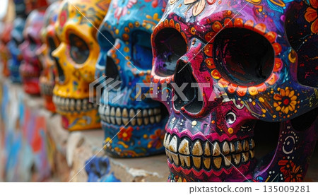 Colorful traditional Turkish skull and crossbones art crafts and glass decorations displayed as unique cultural travel souvenirs at a vibrant Istanbul bazaar shop in Turkey Colorful traditional Turkish skull and crossbones art crafts and glass decorations displayed as unique cultural travel souvenirs at a vibrant Istanbul bazaar shop in Turkey 135009281