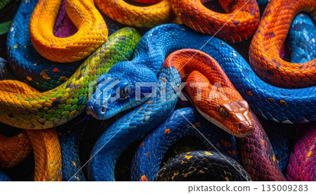 Macro shot of a dangerous green venomous snake with detailed scales and a piercing eye slithering on a wild branch in nature 135009283