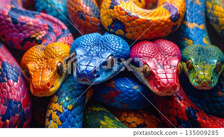Macro shot of a dangerous green venomous snake with detailed scales and a piercing eye slithering on a wild branch in nature Macro shot of a dangerous green venomous snake with detailed scales and a piercing eye slithering on a wild branch in nature 135009285