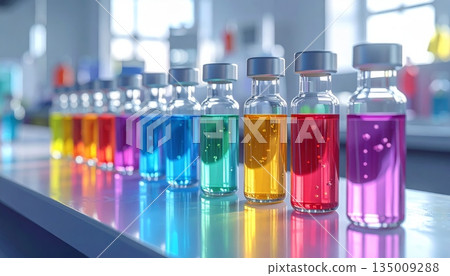 Transparent glass test tubes and cosmetic bottles filled with colorful liquid are isolated on a white background for luxury beauty fragrance and aromatherapy medicine Transparent glass test tubes and cosmetic bottles filled with colorful liquid are isolated on a white background for luxury beauty fragrance and aromatherapy medicine 135009288