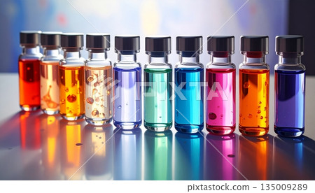 Transparent glass test tubes and cosmetic bottles filled with colorful liquid are isolated on a white background for luxury beauty fragrance and aromatherapy medicine Transparent glass test tubes and cosmetic bottles filled with colorful liquid are isolated on a white background for luxury beauty fragrance and aromatherapy medicine 135009289