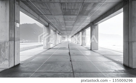 Empty concrete corridor of an old urban building interior with a perspective design featuring glass walls and natural light Empty concrete corridor of an old urban building interior with a perspective design featuring glass walls and natural light 135009296