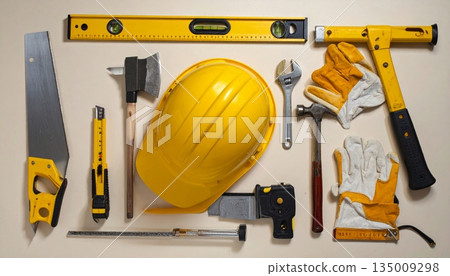 A professional industrial worker wears a yellow hard hat and uses safety equipment on a building site to ensure protection during engineering and construction work 135009298