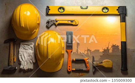 A professional industrial worker wears a yellow hard hat and uses safety equipment on a building site to ensure protection during engineering and construction work 135009300