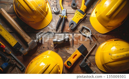 A professional industrial worker wears a yellow hard hat and uses safety equipment on a building site to ensure protection during engineering and construction work 135009301