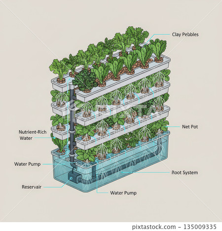 A detailed diagram illustrating how a vertical hydroponic farming system works, from the reservoir and water pump to the nutrient-rich water feeding the root systems in net pots. Vector illustration 135009335