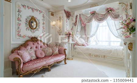 Elegant floral curtains and pink interior space | Background for online meetings Elegant floral curtains and pink interior space | Background for online meetings 135009441