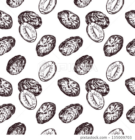 Seamless pattern with hand-drawn prunes and plums, perfect for food packaging, textile design, or recipe illustrations with a vintage, organic feel. Vector illustration Seamless pattern with hand-drawn prunes and plums, perfect for food packaging, textile design, or recipe illustrations with a vintage, organic feel. Vector illustration 135009703