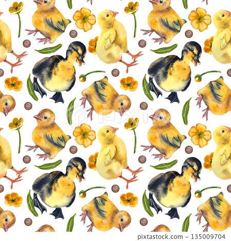 Seamless watercolor pattern with ducklings, chickens, yellow flowers. Little duckling and baby chicken chick watercolor seamless pattern for Easter holiday. Spring flower, green leaf, egg art. Seamless watercolor pattern with ducklings, chickens, yellow flowers. Little duckling and baby chicken chick watercolor seamless pattern for Easter holiday. Spring flower, green leaf, egg art. 135009704
