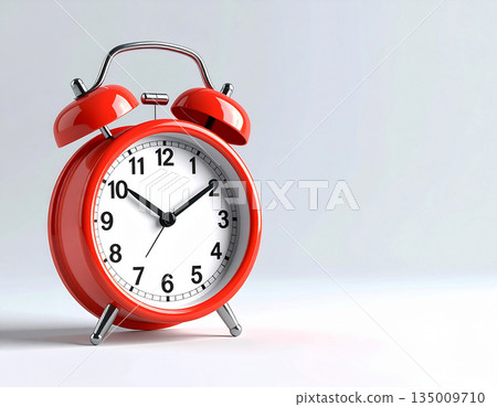 Pointer clock. Ringing twin bell vintage classic alarm clock. Red color alarm clock. 135009710