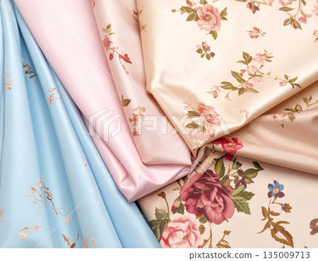 Haute couture. Vintage style with floral pattern. Texture of premium textile fabric. 135009713