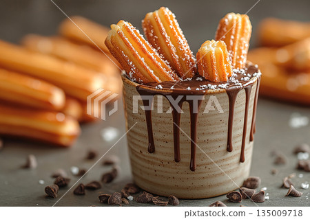 Restaurants blogs. Various of Mexican churros with chocolate. Street food setting. Cultural and global dessert. Restaurants blogs. Various of Mexican churros with chocolate. Street food setting. Cultural and global dessert. 135009718