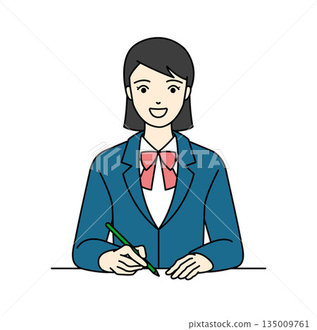 一位身穿校服西裝外套的高中女生面帶微笑，手裡拿著筆，正在學習或寫作。 135009761