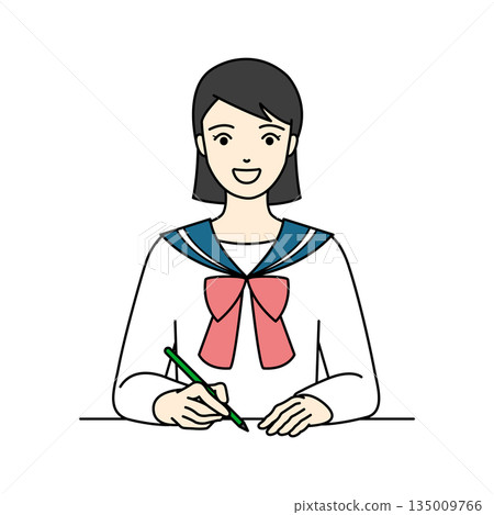A high school girl in a white sailor uniform smiling and studying at her desk A high school girl in a white sailor uniform smiling and studying at her desk 135009766