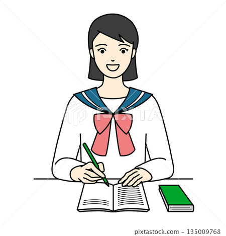A high school girl in a sailor suit studying hard while smiling and taking notes at her desk A high school girl in a sailor suit studying hard while smiling and taking notes at her desk 135009768