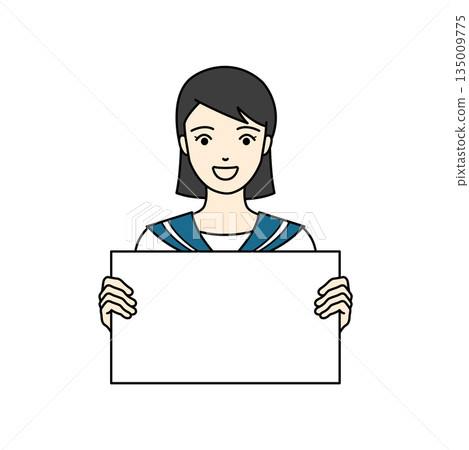A high school girl in a sailor uniform holds a white panel in both hands and looks at the camera with a smile 135009775