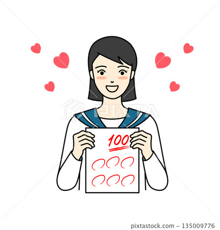 一位身穿水手服的高中女生舉著她的考試滿分考卷,臉上洋溢著幸福的笑容。 一位身穿水手服的高中女生舉著她的考試滿分考卷,臉上洋溢著幸福的笑容。 135009776