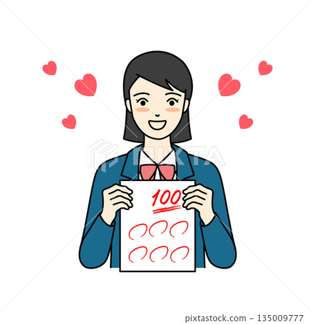 身穿西裝外套的高中女生慶祝自己考試得了100分 身穿西裝外套的高中女生慶祝自己考試得了100分 135009777