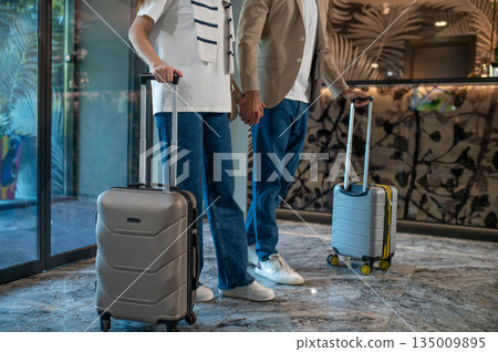 Couple arriving to the hotel with their suitcases Couple arriving to the hotel with their suitcases 135009895