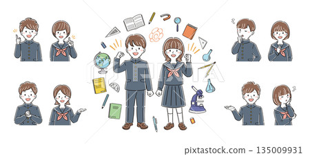 Illustration set of male and female junior and senior high school students and stationery, different expressions and poses 135009931