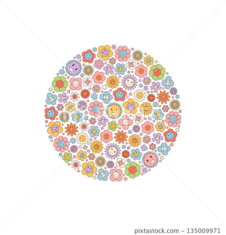 Groovy retro circle flower sticker doodle style. Colorful floral concept with cute smiley and y2k flair. Fun background and playful motif for modern abstract design inspiration. 135009971