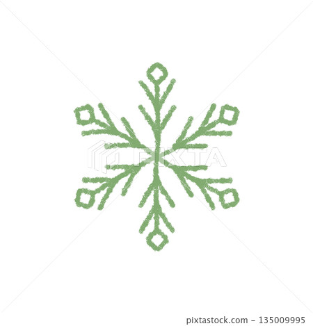 Green crayon snow flake symbol and ice crystal element. Winter holiday ornament with cold snow and xmas feel. Celebration snowflake for festive season in decorative style. Green crayon snow flake symbol and ice crystal element. Winter holiday ornament with cold snow and xmas feel. Celebration snowflake for festive season in decorative style. 135009995