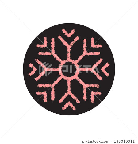 Round pink snow flake ornament in chalk style on black label. Winter holiday decoration and christmas element in circle shape, cold package tag for festive ornament and seasonal package. Round pink snow flake ornament in chalk style on black label. Winter holiday decoration and christmas element in circle shape, cold package tag for festive ornament and seasonal package. 135010011