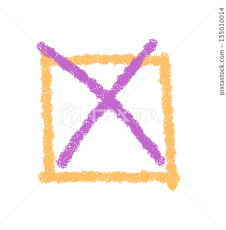 Chalk sketch square check box icon with a purple cross mark. Checkbox element stands as strong symbol, rough chalk outline and mark for modern checklist, voting or selection use. 135010014