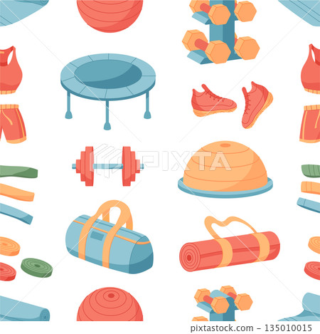 Seamless colorful fitness equipment pattern with dumbbells, sneakers, and training mats. Gym workout theme with sport gear and exercise tools in repeated style. Perfect for fitness decor or textile Seamless colorful fitness equipment pattern with dumbbells, sneakers, and training mats. Gym workout theme with sport gear and exercise tools in repeated style. Perfect for fitness decor or textile 135010015