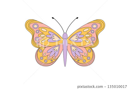 Groovy retro butterfly sticker in psychedelic pink and yellow. Cute colorful graphic with y2k vibe, this groovy element adds playful charm and vibrant style for trendy art, patch or decorative 135010017