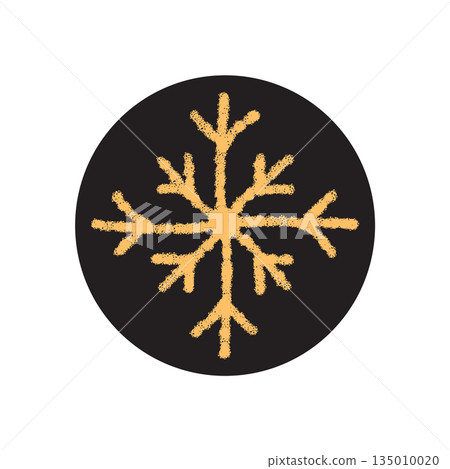 Crayon style snow flake symbol in yellow on a black circle sticker. Frosted decoration for winter holiday box or christmas element. Cold chill design for festive label and seasonal gift. 135010020