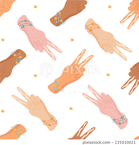 Flat seamless pattern shows two finger rule hand shape with woman skin, sunscreen and spf. Sunblock, cream, lotion, all for sun and skin protection. Perfect for summer cosmetic theme body care 135010021