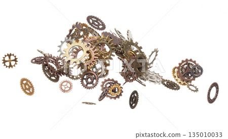 Cog wheel gear is spare part for industrial steel. Cogwheel gear head is innovation and brain teamwork. Many group gear wheel in difference color size fly in air. White background isolated Cog wheel gear is spare part for industrial steel. Cogwheel gear head is innovation and brain teamwork. Many group gear wheel in difference color size fly in air. White background isolated 135010033