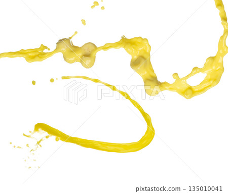 Banana juice flying fall down, yellow banana chopped slice juice wave explode. Yellow paint color splash throwing in Air. White background Isolated high speed shutter, throwing freeze stop motion 135010041