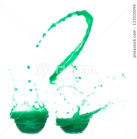 Green paint liquid fly in mid air, spill out glass bowl, apple vegetable juice falling scatter, explosion float in shape form droplet line. White background isolated freeze motion high speed shutter 135010049