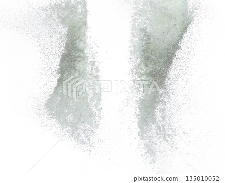 Detergent Powder splash fly in air. Detergent Powder pour float in mid air. Detergent Powder blue soap explosion throw fluttering. White background isolated high speed shutter freeze motion Detergent Powder splash fly in air. Detergent Powder pour float in mid air. Detergent Powder blue soap explosion throw fluttering. White background isolated high speed shutter freeze motion 135010052