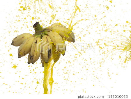 Banana flying explosion with fruit juice, Yellow Banana fresh vitamin water full complete size float in mid air. White background Isolated high speed shutter, throwing freeze stop Banana flying explosion with fruit juice, Yellow Banana fresh vitamin water full complete size float in mid air. White background Isolated high speed shutter, throwing freeze stop 135010053