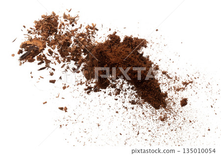 Coconut peel husk flying explosion, coconut chopped medium M size abstract fall down garden. Coconut shell peel fertilizer splash throwing in Air. White background Isolated high speed shutter, freeze 135010054
