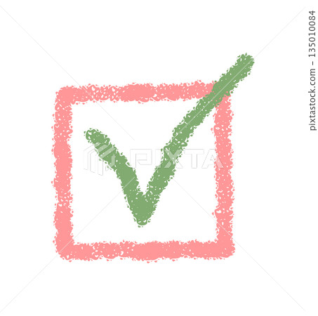 Chalk sketch check box icon shows green tick and patch symbol inside a soft square box. Checkbox element with color effect and patch style, suitable for highlight or marking concepts. 135010084