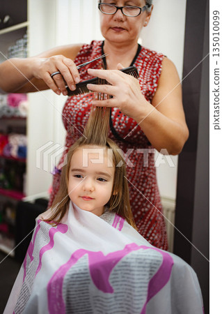 Hairdresser cutting hair of little girl in salon 135010099