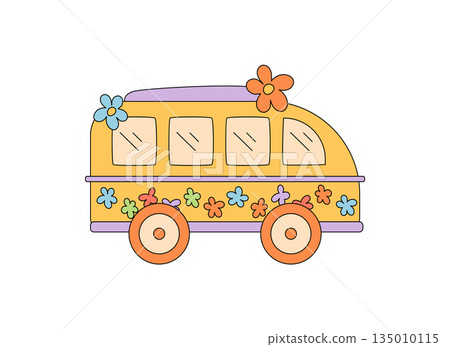 Groovy hippie flower van sticker in retro cartoon doodle style with orange and yellow color. Funky y2k van as playful groovy element, perfect for a fun vintage boho badge or label. 135010115