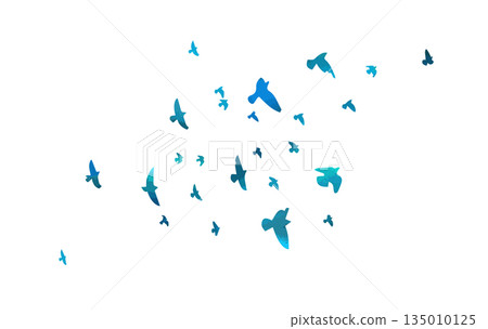 Flying birds blue silhouette flock. hand drawing. Not AI. Vector illustration Flying birds blue silhouette flock. hand drawing. Not AI. Vector illustration 135010125