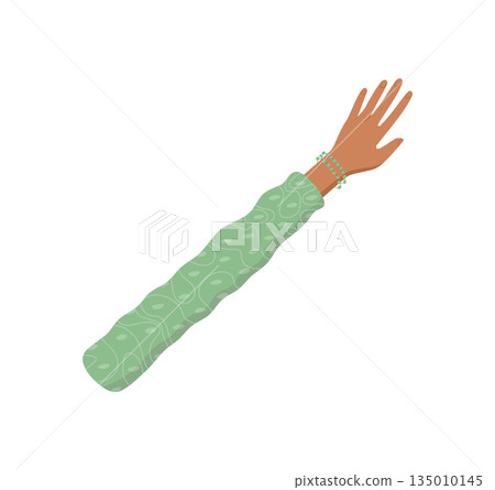 Raised hand in flat cartoon graphic style with open fingers and natural gesture. Human arm and fingers create a unique symbol of openness connection. Abstract design, colorful concept, perfect for 135010145