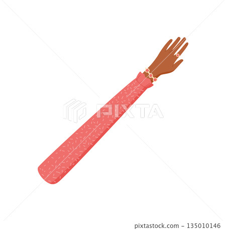 Colorful flat human hand and arm. Raised fingers making a gesture. Multicultural symbol of diverse unity. Vibrant people concept, abstract cartoon graphic style, professional minimalist design. 135010146