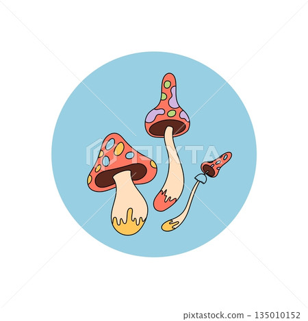 Groovy retro mushroom art in a colorful circle sticker. Emblem style shroom label sticker as magic package tag for box lid. Vibrant y2k mood, ideal for creative or trendy branding concepts. 135010152