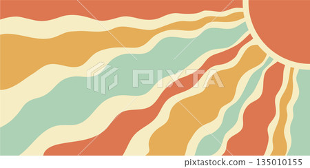 Groovy retro sun burst shines across wavy yellow and orange background. Sunshine with graphic ray and y2k feeling in horizontal orientation, vibrant concept for bold sunshine artwork. 135010155