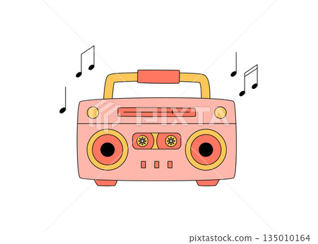 Groovy y2k pink cassette player sticker in cartoon graphic style. Funky boombox shows groovy element and tape with retro energy. Audio and music pop sticker brings playful, trendy character for label 135010164