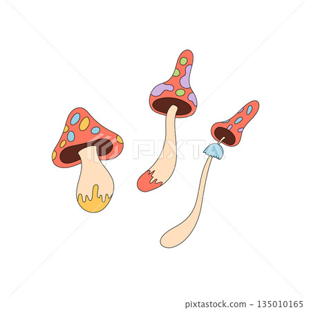 Groovy psychedelic mushroom cartoon sticker in a retro and colorful fantasy style. Magic groovy element and trippy shroom add y2k flair. Funky design suits creative playful sticker use. Groovy psychedelic mushroom cartoon sticker in a retro and colorful fantasy style. Magic groovy element and trippy shroom add y2k flair. Funky design suits creative playful sticker use. 135010165