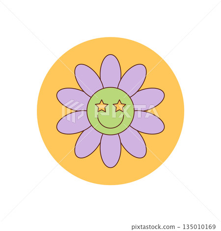 Groovy retro flower with smile and happy face forms yellow circle label sticker. Playful seal for package lid with a fun y2k style. Positive accent for modern box product or creative package. Groovy retro flower with smile and happy face forms yellow circle label sticker. Playful seal for package lid with a fun y2k style. Positive accent for modern box product or creative package. 135010169